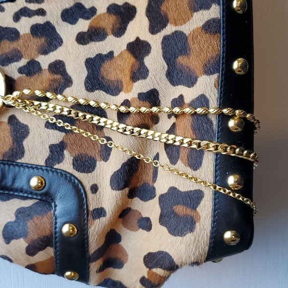 St. John Gold Chain Studded Leopard PonyHair Leather Shoulder Bag Purse Like New - Picture 2 of 14